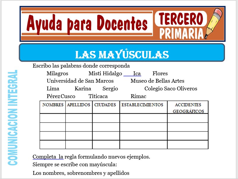 Modelo de la Ficha de Las Mayúsculas para Tercero de Primaria