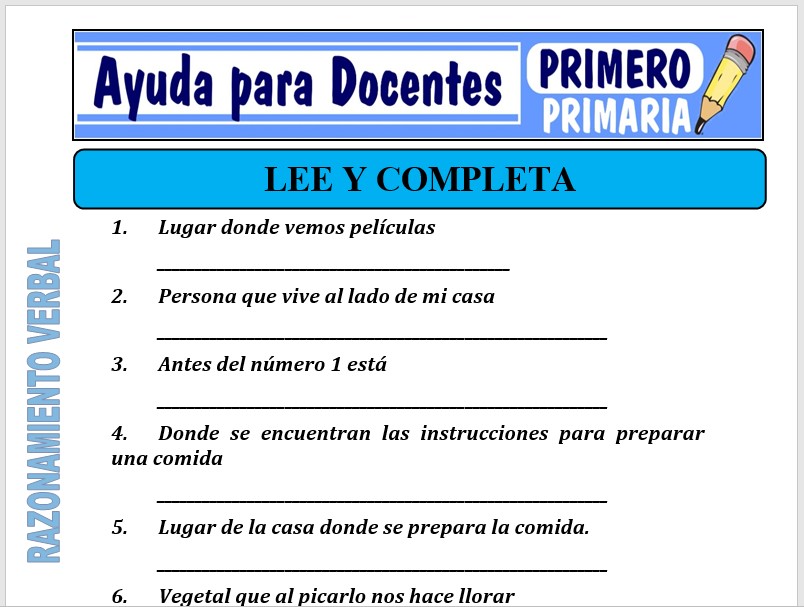 Modelo de la Ficha de Lee y Completa para Primero de Primaria