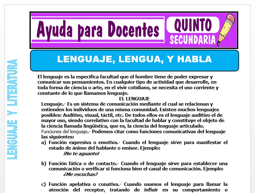 Modelo de la Ficha de Lenguaje, Lengua y Habla para Quinto de Secundaria