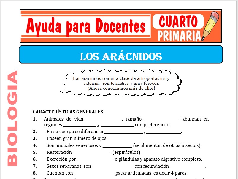 Modelo de la Ficha de Los Arácnidos para Cuarto de Primaria