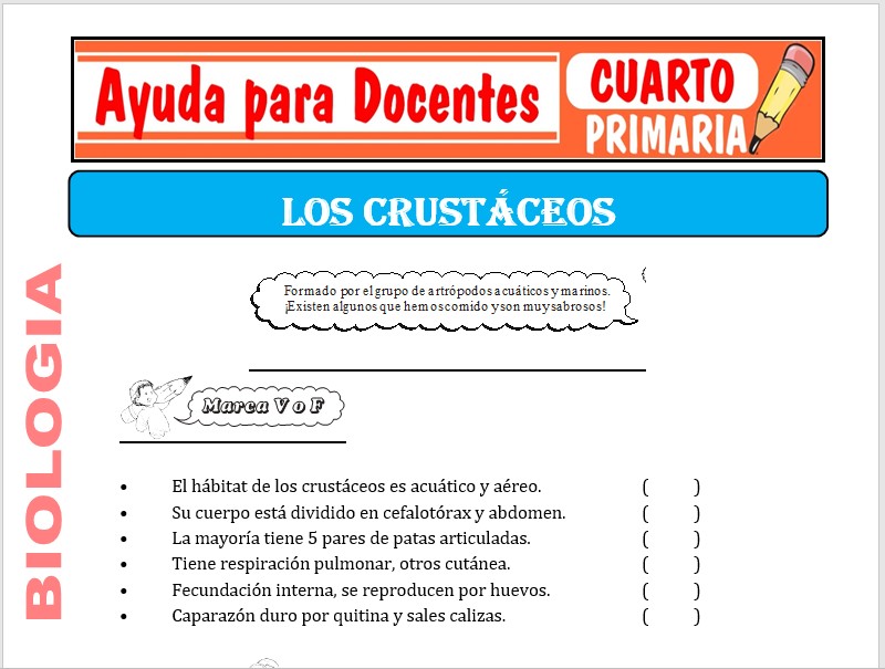 Modelo de la Ficha de Los Crustáceos para Cuarto de Primaria