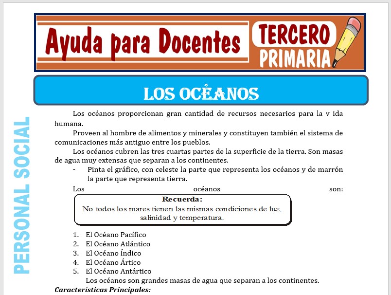 Modelo de la Ficha de Los Océanos para Tercero de Primaria