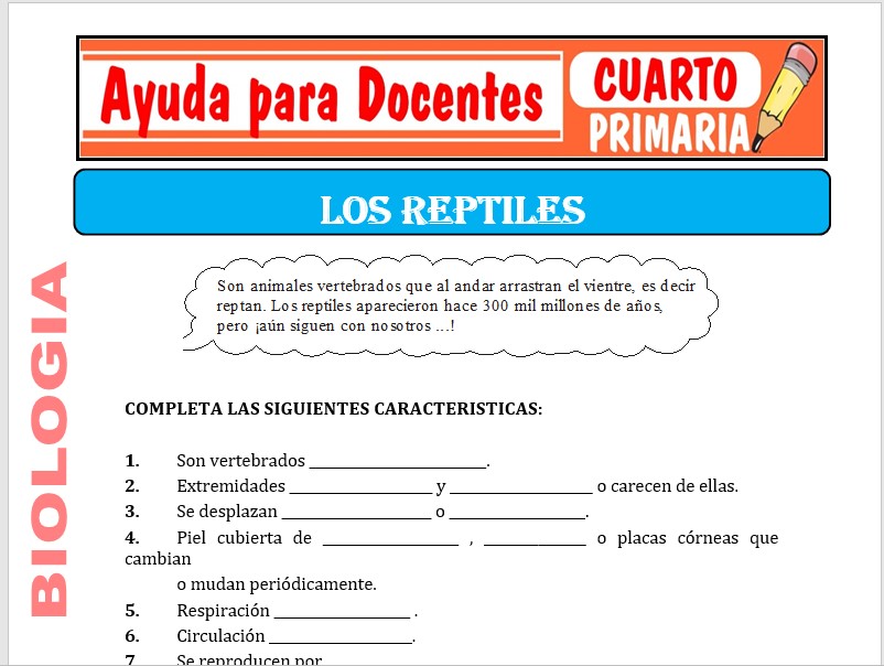 Modelo de la Ficha de Los Reptiles para Cuarto de Primaria