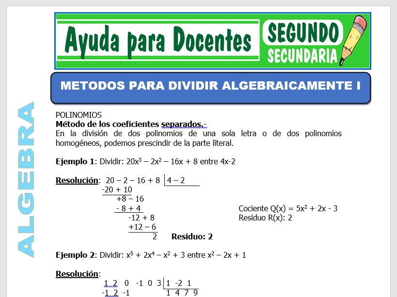 Modelo de la Ficha de Métodos Para Dividir Algebraicamente I para Segundo de Secundaria
