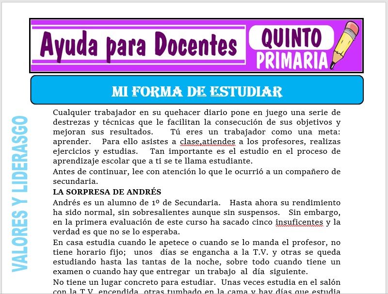 Modelo de la Ficha de Mi Forma de Estudiar para Quinto de Primaria