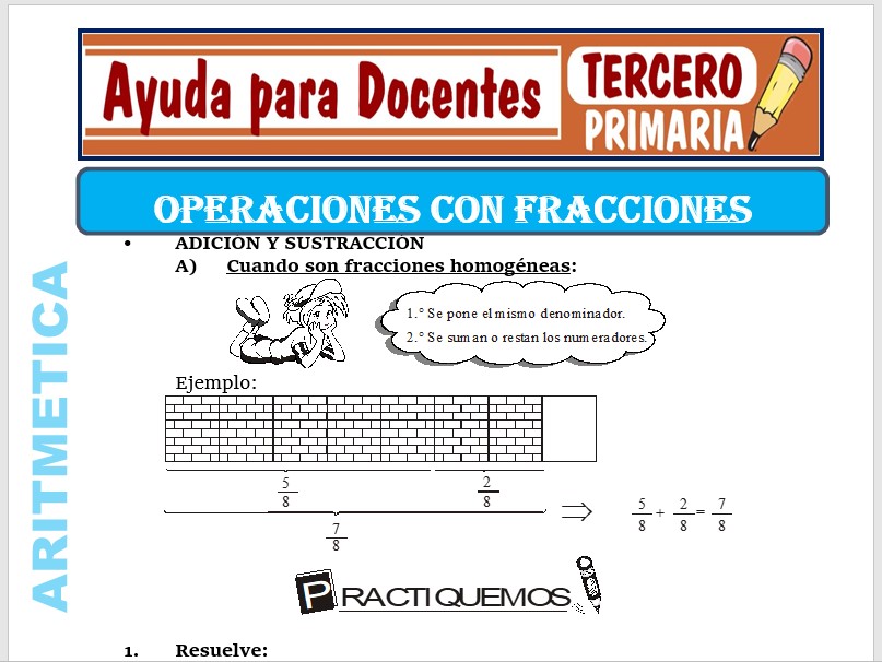Modelo de la Ficha de Operaciones con Fracciones para Tercero de Primaria
