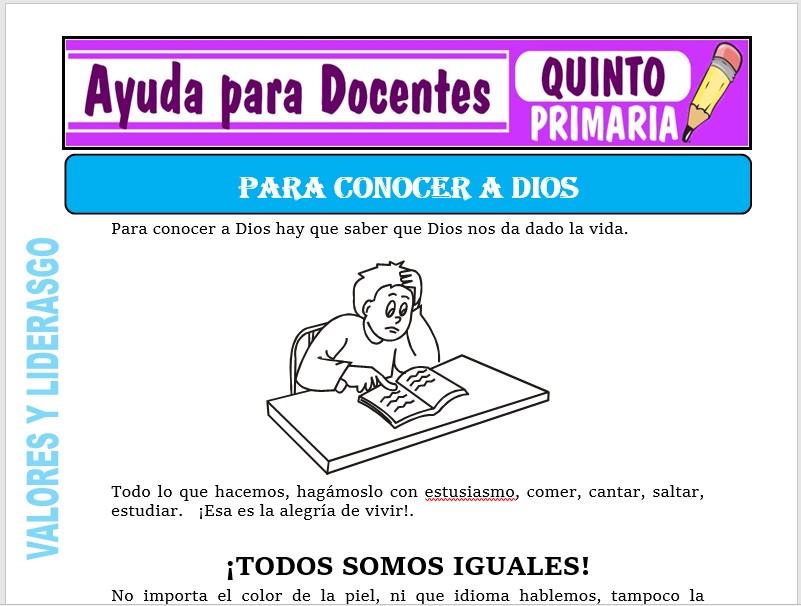 Modelo de la Ficha de Para Conocer a Dios para Quinto de Primaria