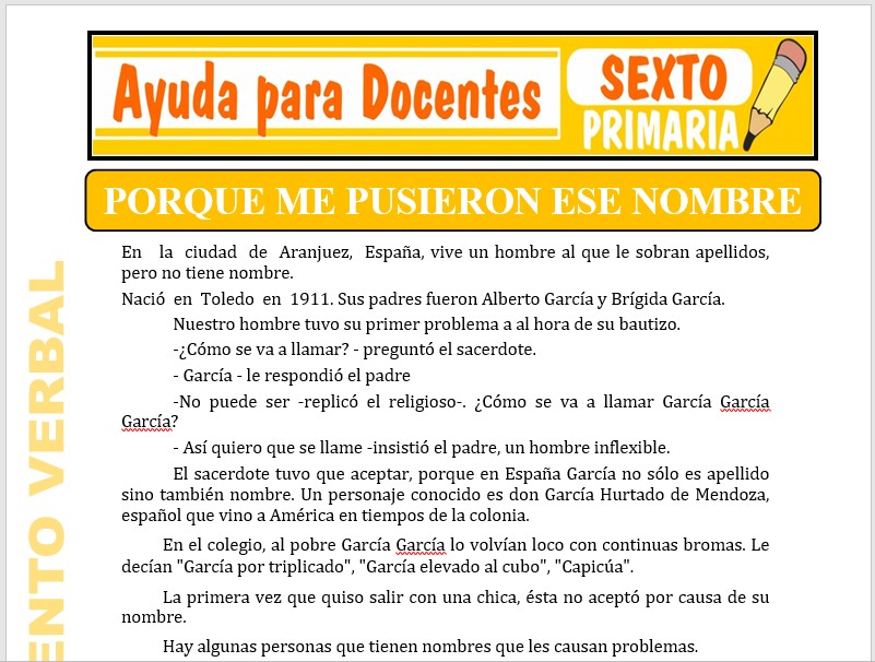 Modelo de la Ficha de Porque me Pusieron ese Nombre para Sexto de Primaria