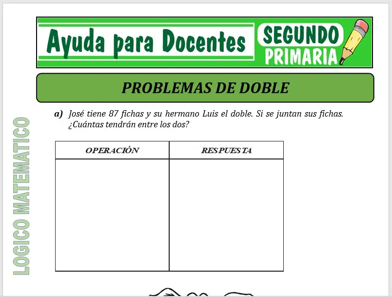 Modelo de la Ficha de Problemas de él Doble para Segundo de Primaria