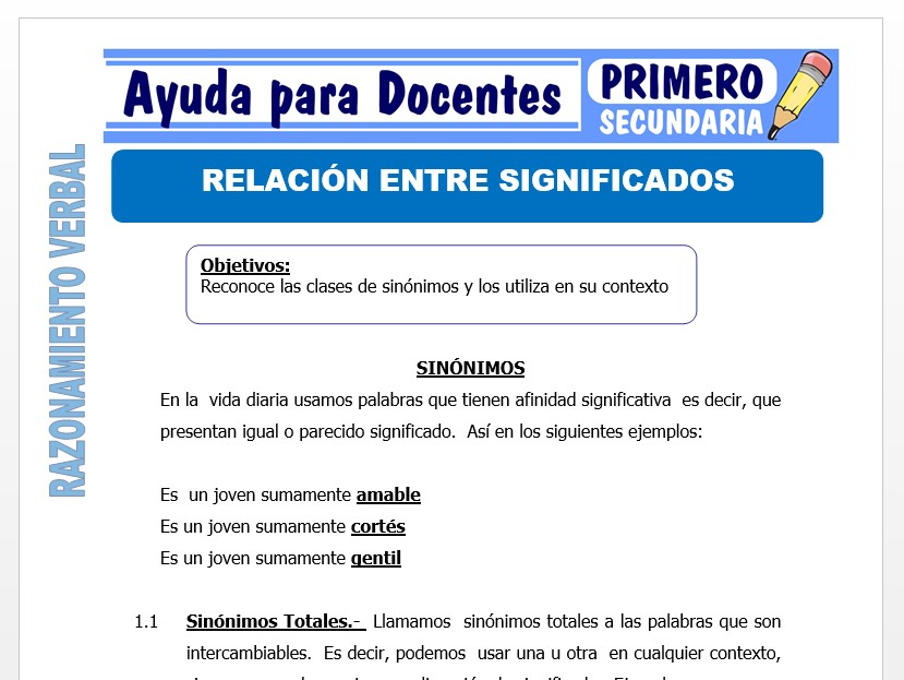 Modelo de la Ficha de Relación entre Significado para Primero de Secundaria