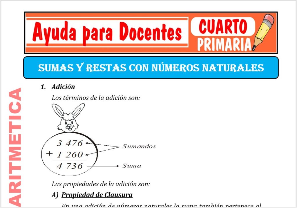 Modelo de la Ficha de Suma y Resta de Números Naturales para Cuarto de Primaria