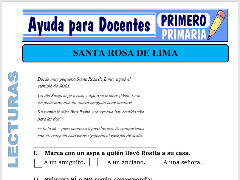 Modelo de la Ficha de Santa Rosa de Lima para Primero de Primaria