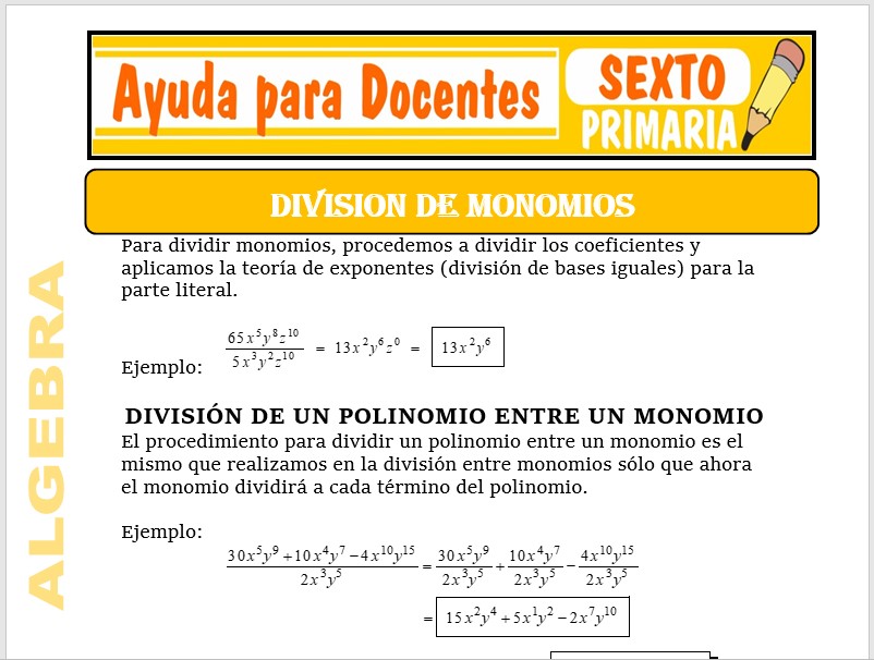 Separatas de División de Monomios para Sexto de Primaria Ayuda para Separatas de División de Monomios para Sexto de Primaria Ayuda para