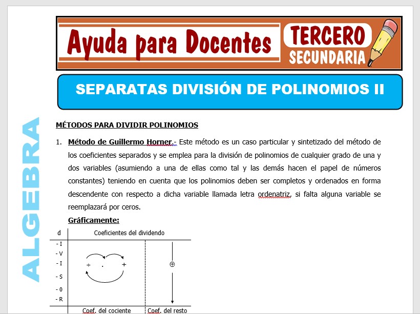Modelo de la Ficha de Separatas de División de Polinomios II para Tercero de Secundaria