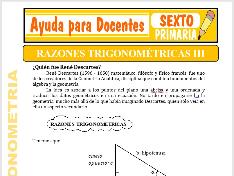 Modelo de la Ficha de Separatas de Razones Trigonométricas III para Sexto de Primaria
