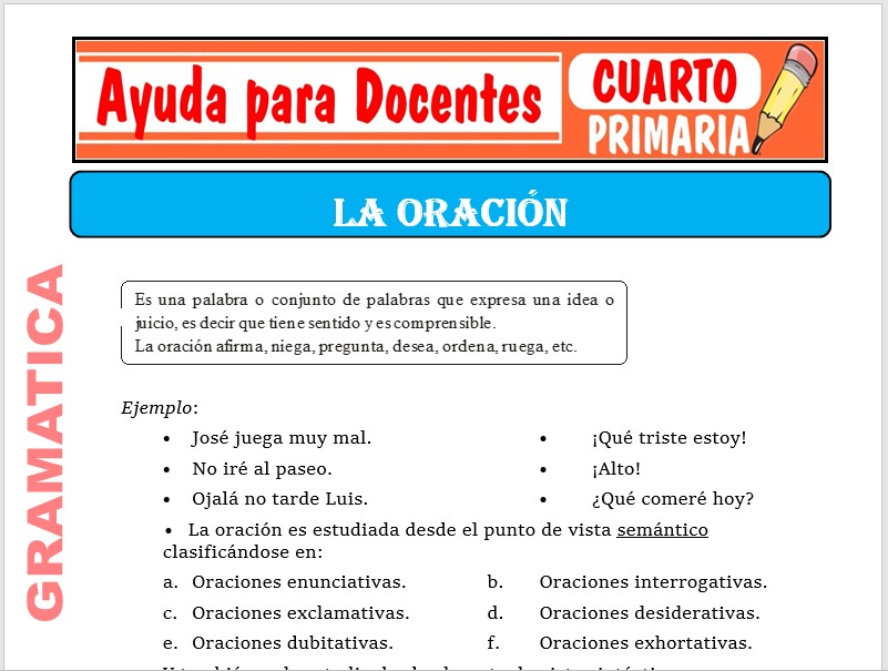 Modelo de la Ficha de Separatas de la Oración para Cuarto de Primaria
