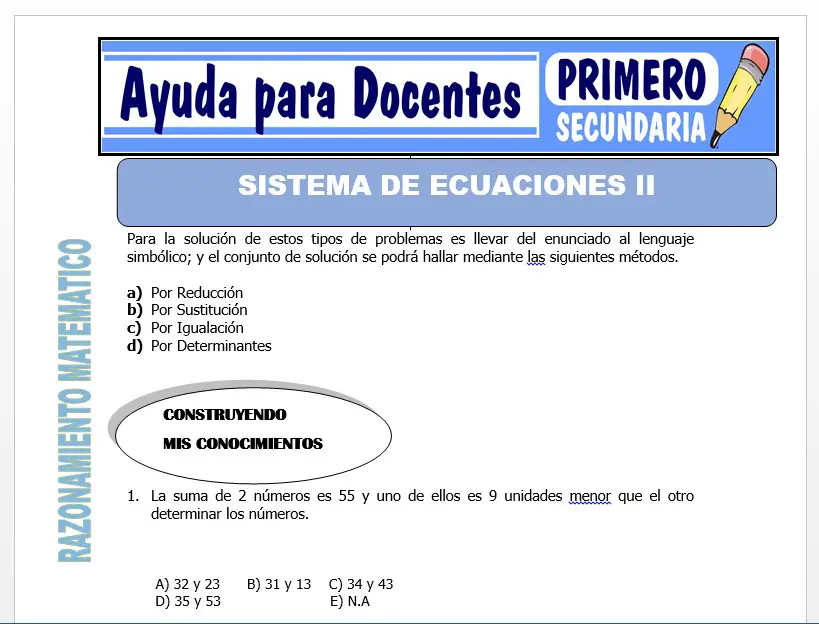 Modelo de la Ficha de Sistema de Ecuaciones II para Primero de Secundaria