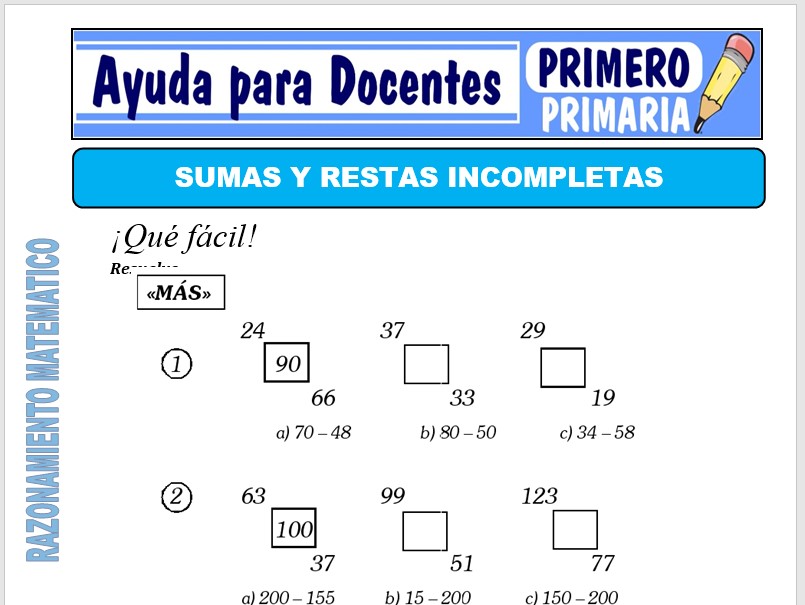 Modelo de la Ficha de Sumas y Restas Incompletas para Primero de Primaria