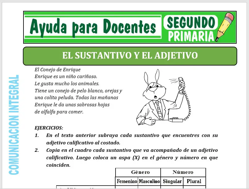Modelo de la Ficha de El Sustantivo y el Adjetivo para Segundo de Primaria