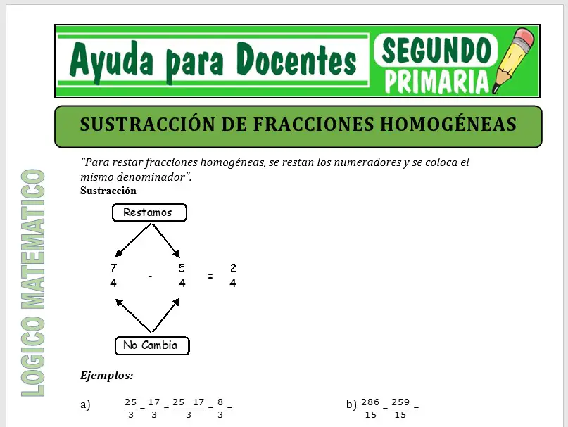Modelo de la Ficha de Sustracción de Fracciones Homogéneas para Segundo de Primaria