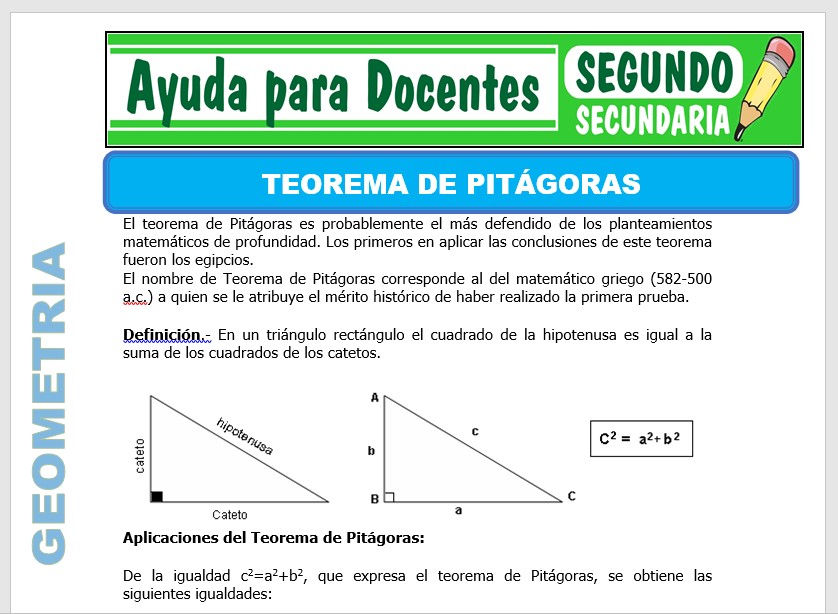 Modelo de la Ficha de Teorema de Pitágoras para Segundo de Secundaria
