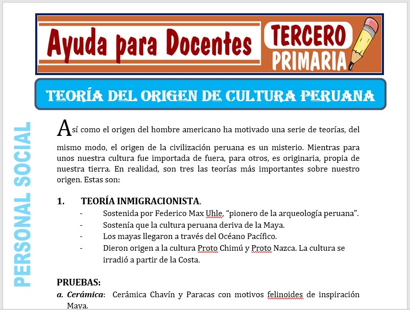 Modelo de la Ficha de Teoría de Origen de la Cultura Peruana para Tercero de Primaria