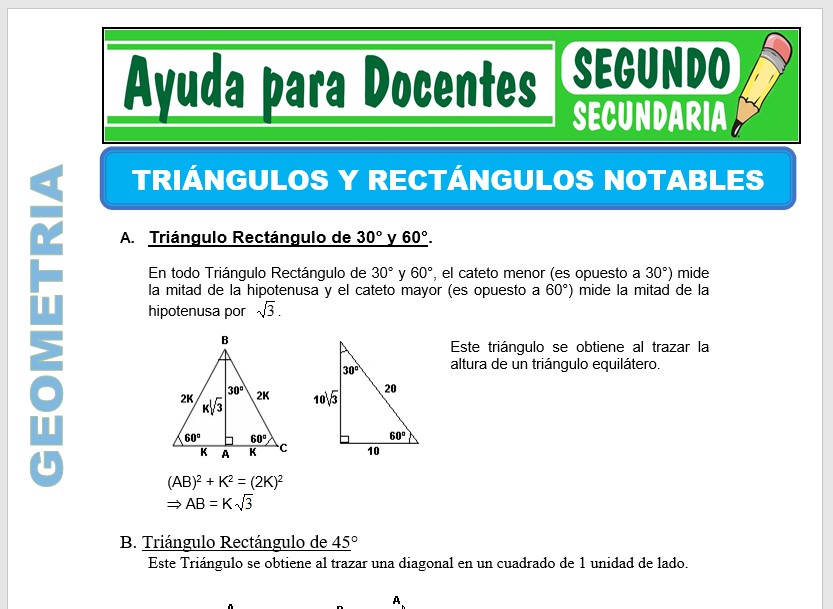 Modelo de la Ficha de Triángulos y Rectángulos Notables para Segundo de Secundaria