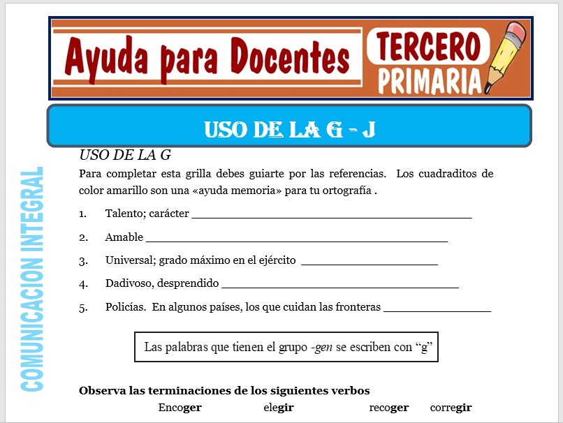 Modelo de la Ficha de Uso de la “G” y “J” para Tercero de Primaria