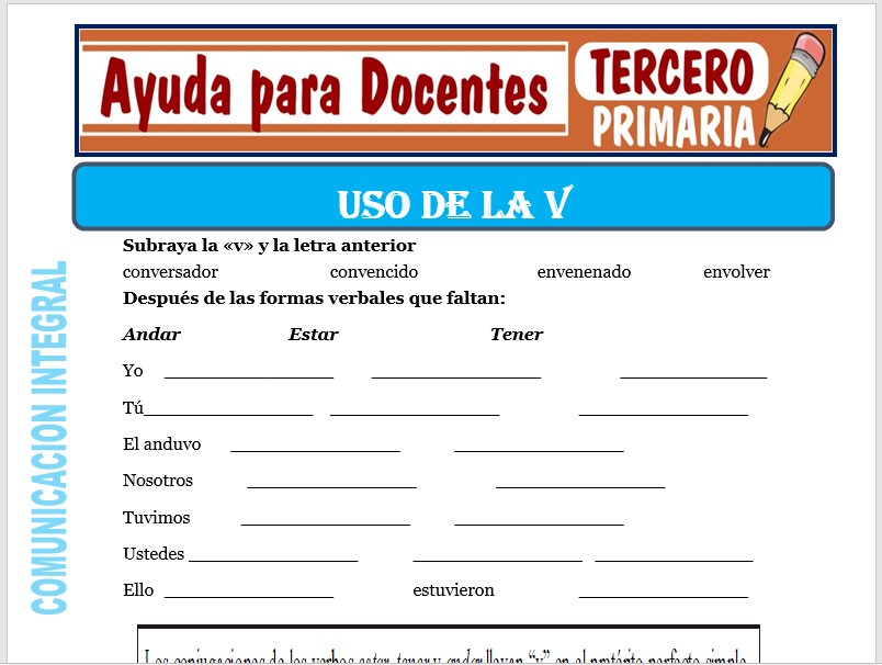 Modelo de la Ficha de USO DE LA “V” para Tercero de Primaria