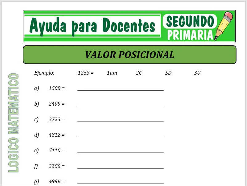 Modelo de la Ficha de Valor Posicional para Segundo de Primaria